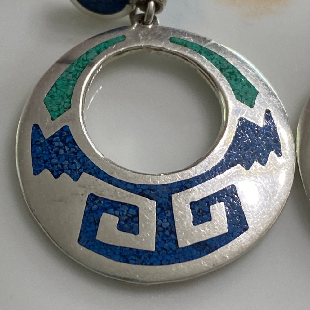 Vtg Taxco Sterling Silver Turquoise Inlay Hoop Earrings View 4